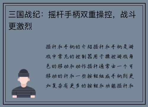 三国战纪：摇杆手柄双重操控，战斗更激烈